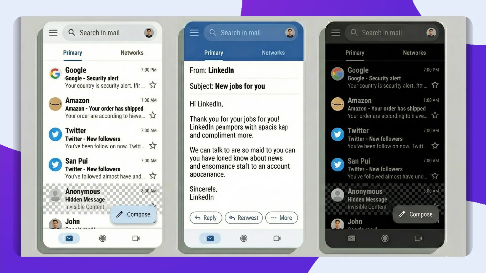 Mobile email client interface displaying a hidden message and Invisible Content in the inbox using specialized blank Unicode characters.