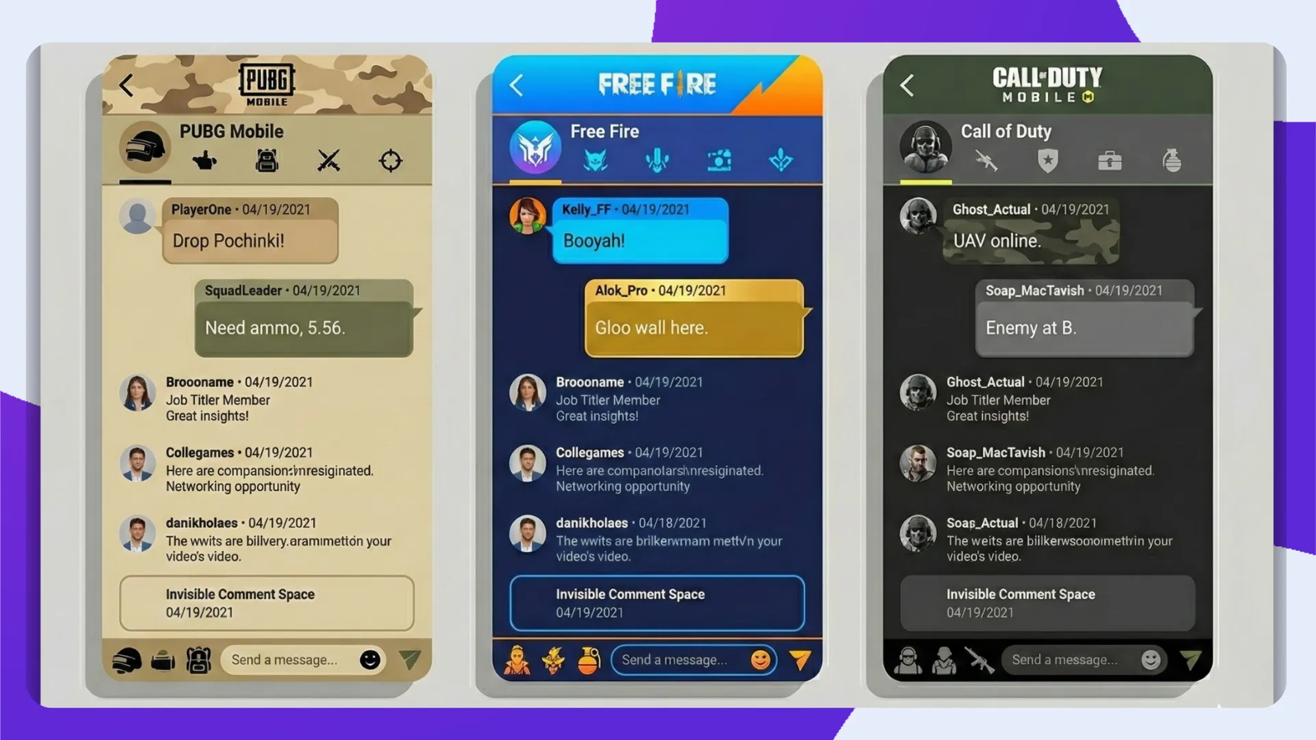 In-game chat and profile screens for PUBG Mobile, Free Fire, and COD Mobile using invisible names and blank comment characters.