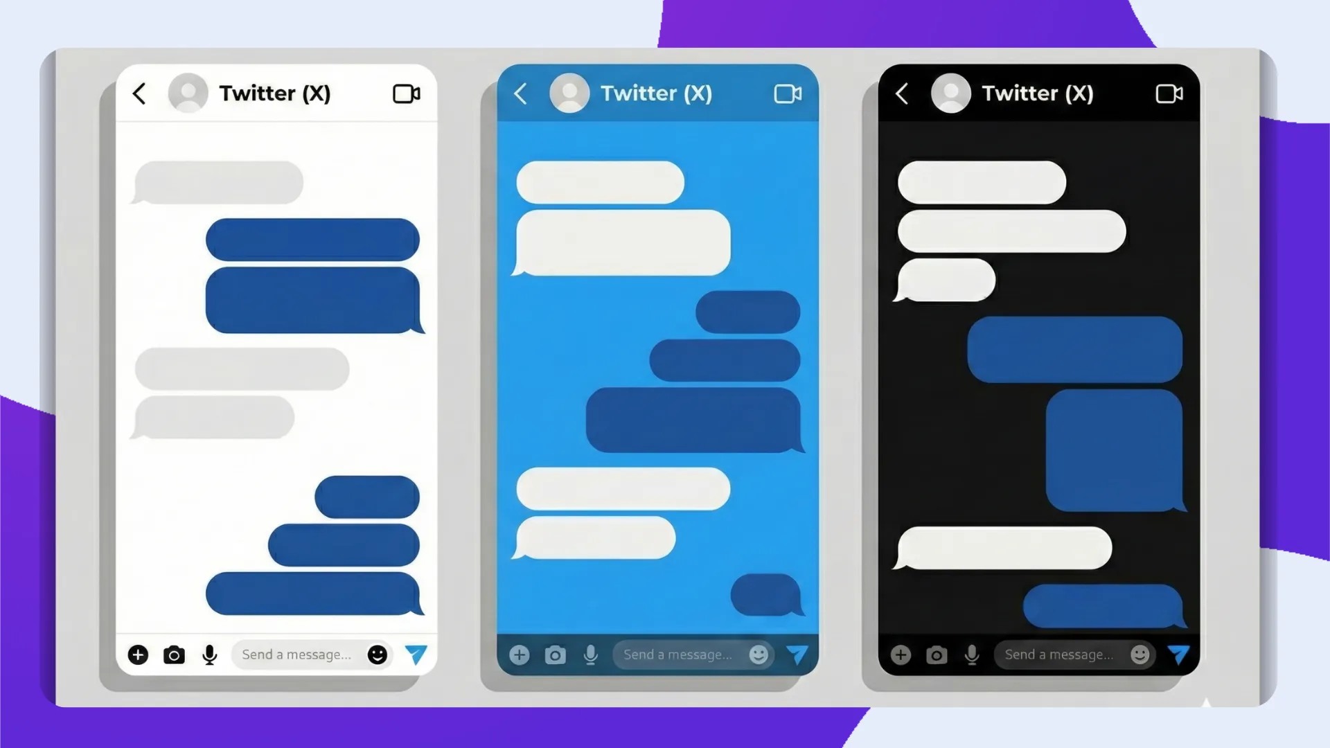 Twitter (X) direct message interface displaying blank bubbles in light, blue and dark modes for a minimalist chat look.